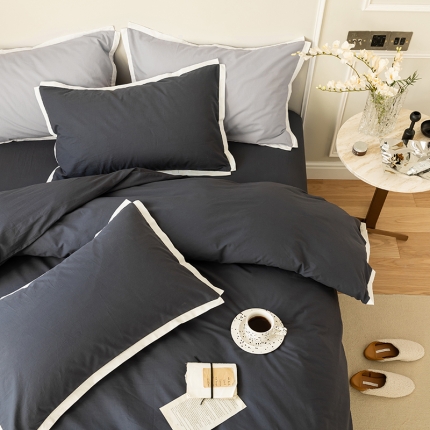 ins简约全棉水洗棉嵌边四件套少女心被套纯棉床单床上用品