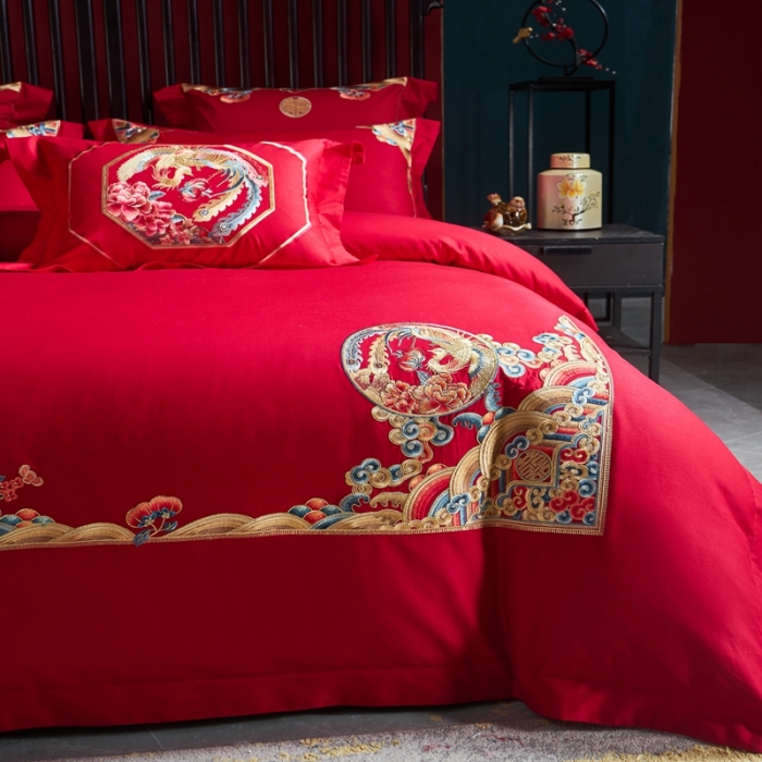 91家纺网 家纺一手货源 找家纺 高大尚2022春季新品40s全工艺喷气纯棉婚庆套件珠联璧合