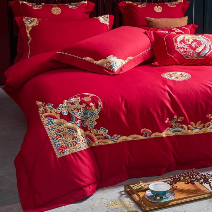 91家纺网 家纺一手货源 找家纺 高大尚2022春季新品40s全工艺喷气纯棉婚庆套件珠联璧合