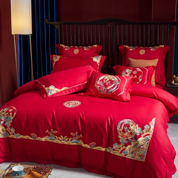 91家纺网 家纺一手货源 找家纺 高大尚2022春季新品40s全工艺喷气纯棉婚庆套件珠联璧合