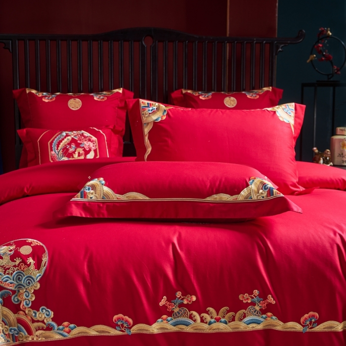 91家纺网 家纺一手货源 找家纺 高大尚2022春季新品40s全工艺喷气纯棉婚庆套件珠联璧合