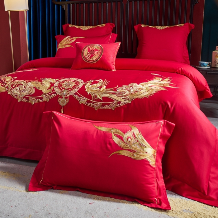 91家纺网 家纺一手货源 找家纺 高大尚2022新品40s全工艺喷气纯棉婚庆套件龙凤喜开颜-金