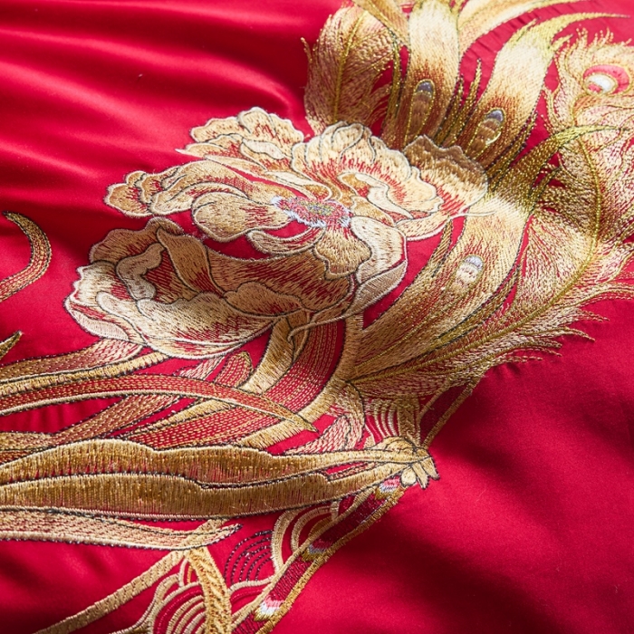 91家纺网 家纺一手货源 找家纺 高大尚2022新品40s全工艺喷气纯棉婚庆套件龙凤喜开颜-金