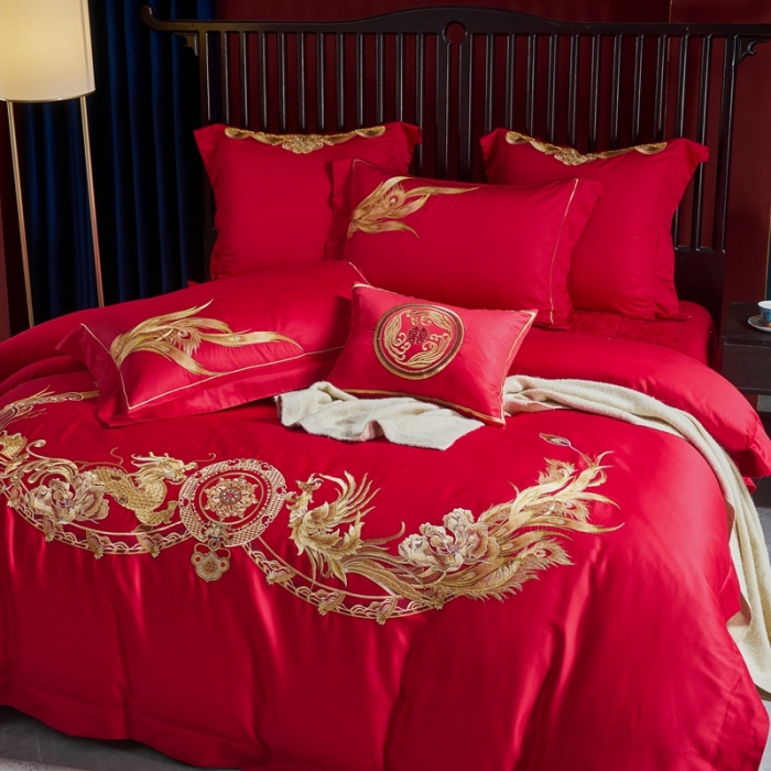 91家纺网 家纺一手货源 找家纺 高大尚2022新品40s全工艺喷气纯棉婚庆套件龙凤喜开颜-金