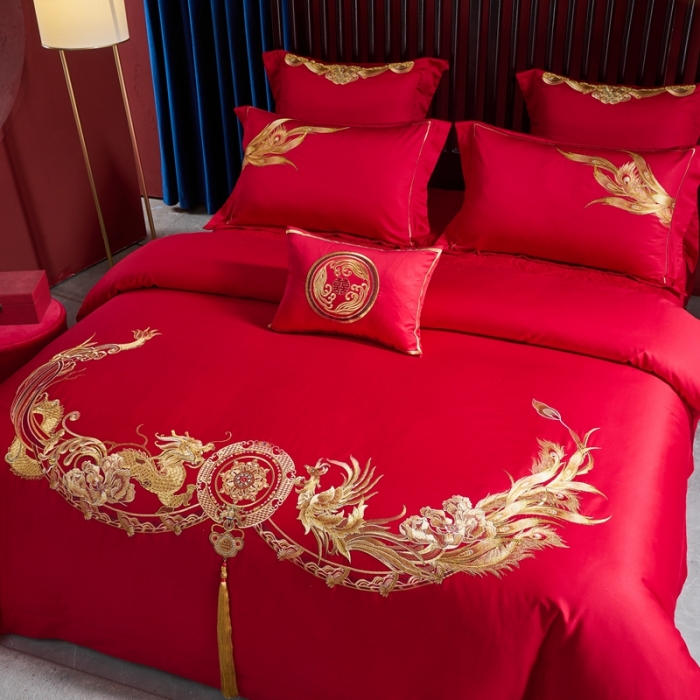 91家纺网 家纺一手货源 找家纺 高大尚2022新品40s全工艺喷气纯棉婚庆套件龙凤喜开颜-金