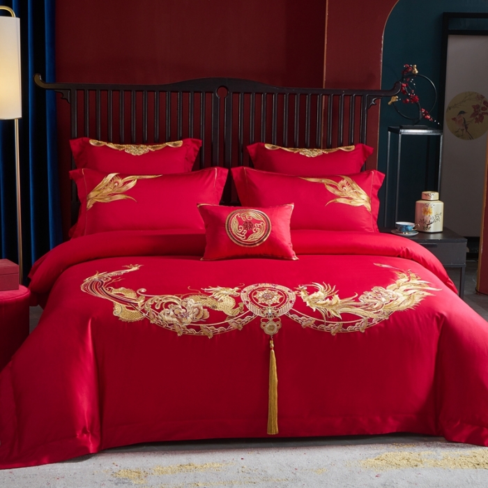 91家纺网 家纺一手货源 找家纺 高大尚2022新品40s全工艺喷气纯棉婚庆套件龙凤喜开颜-金