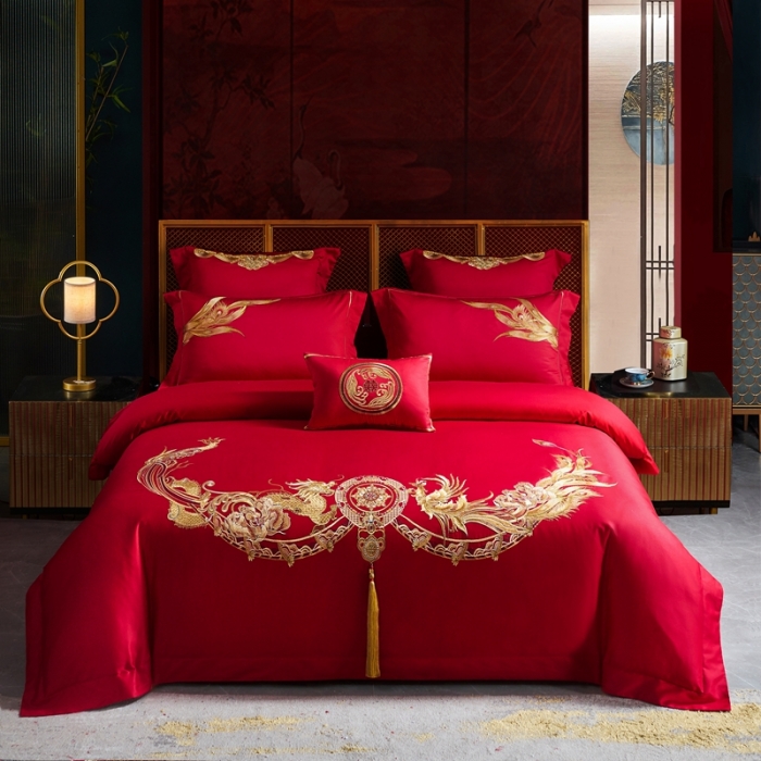 91家纺网 家纺一手货源 找家纺 高大尚2022新品40s全工艺喷气纯棉婚庆套件龙凤喜开颜-金