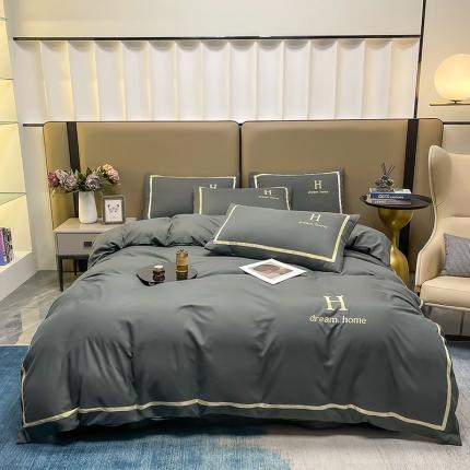 91家纺网 家纺一手货源 找家纺 千希家纺 2022新款直播大H水洗棉绣花磨毛四件套大H-高级灰