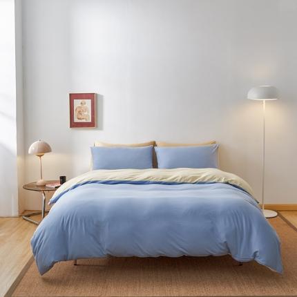 91家纺网 家纺一手货源 找家纺 风向标 2022新款A类云感全棉针织素色双拼四件套 奶油蓝