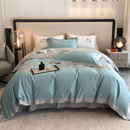 91家纺网 家纺一手货源 找家纺 太古汇 2022新款长绒棉高定绣花魔方四件套场景一 魔方-蓝绿