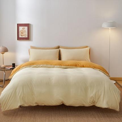 91家纺网 家纺一手货源 找家纺 风向标 2022新款A类云感全棉针织素色双拼四件套 奶鹅黄