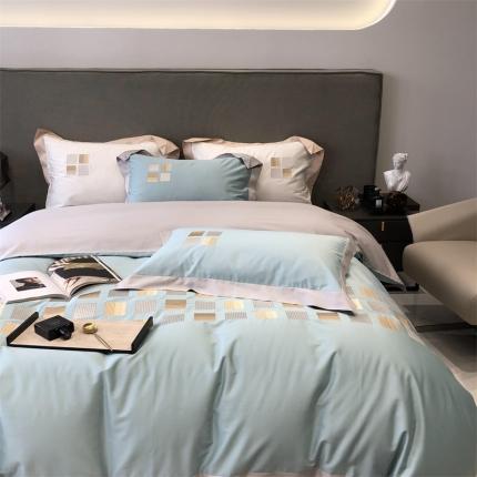 2022新款长绒棉高定绣花魔方四件套场景二 魔方-蓝绿