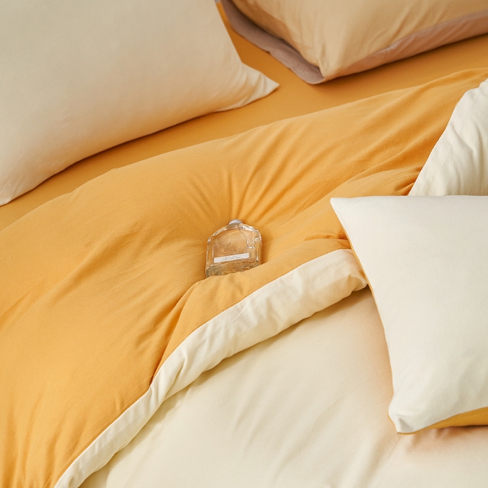 91家纺网 家纺一手货源 找家纺 风向标 2022新款A类云感全棉针织素色双拼四件套 奶鹅黄