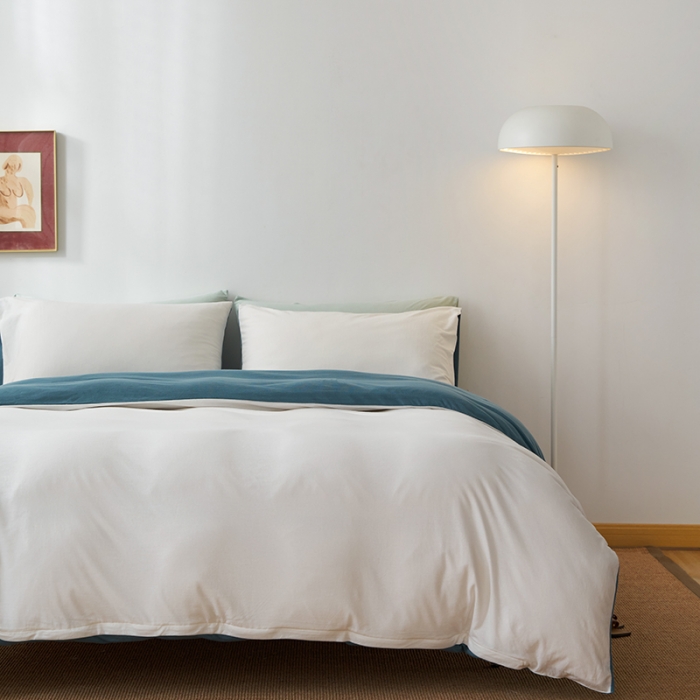 91家纺网 家纺一手货源 找家纺 风向标 2022新款A类云感全棉针织素色双拼四件套 蓝盐