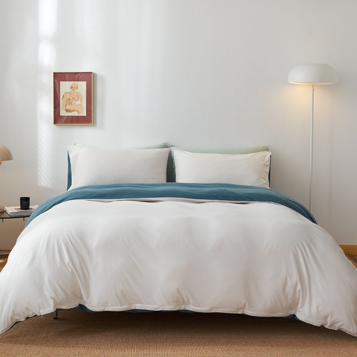 91家纺网 家纺一手货源 找家纺 风向标 2022新款A类云感全棉针织素色双拼四件套 蓝盐