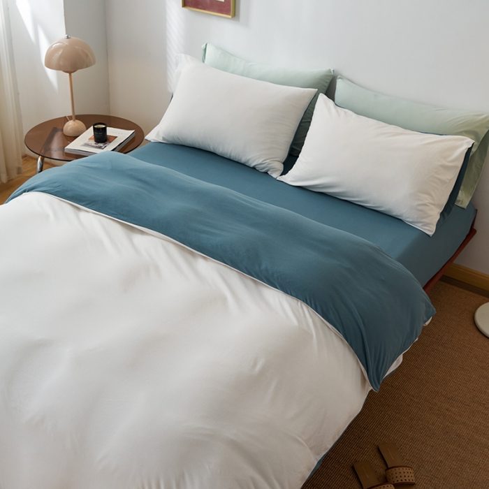 91家纺网 家纺一手货源 找家纺 风向标 2022新款A类云感全棉针织素色双拼四件套 蓝盐