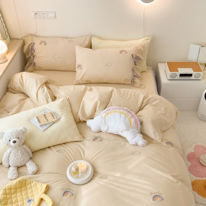 91家纺网 家纺一手货源 找家纺 嗨购家纺 2022新款色织水洗棉四件套-彩虹 彩虹黄