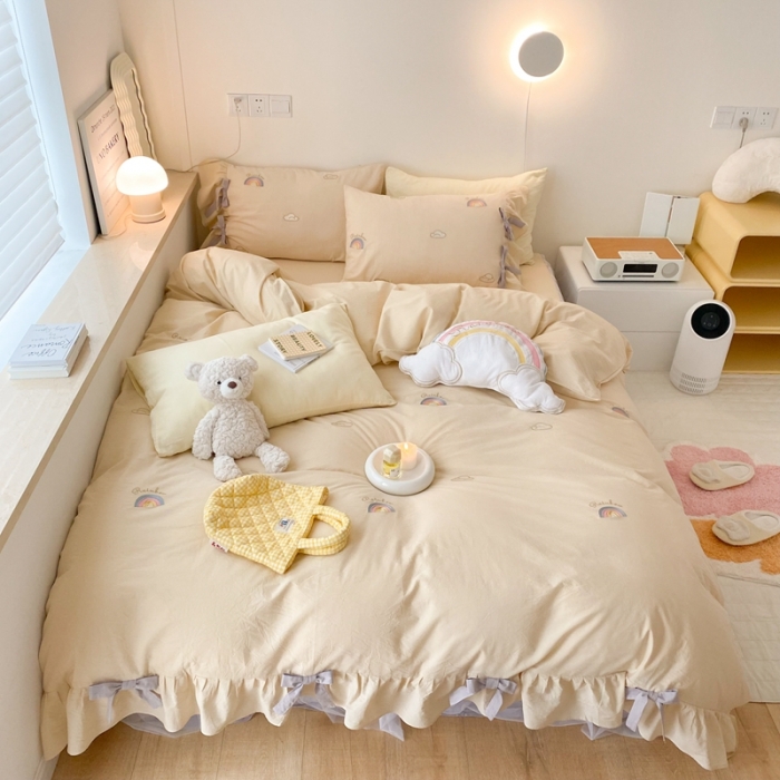 91家纺网 家纺一手货源 找家纺 嗨购家纺 2022新款色织水洗棉四件套-彩虹 彩虹黄