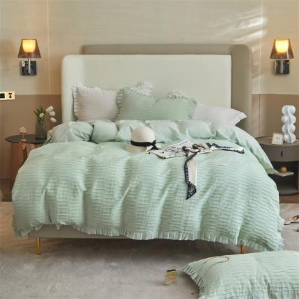 91家纺网 家纺一手货源 找家纺 2023名品优仓直播爆款水洗棉四件套水波纹系列 蓦然-清馨绿