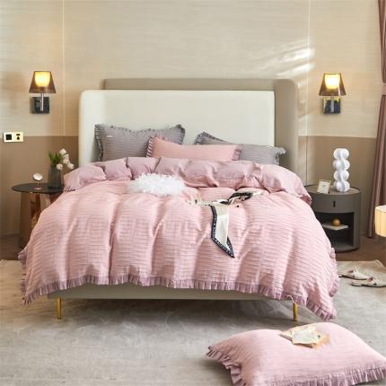 91家纺网 家纺一手货源 找家纺 2023直播爆款水洗棉四件套水波纹系列蓦然水波纹少女粉