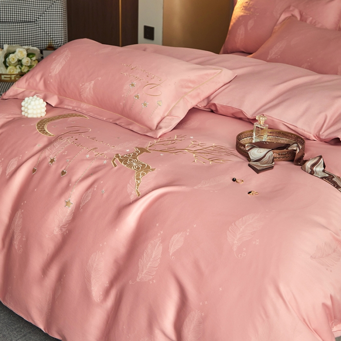 91家纺网 家纺一手货源 找家纺 凡客 2022新款磨毛提花重工刺绣小鹿四件套 小鹿森林-粉