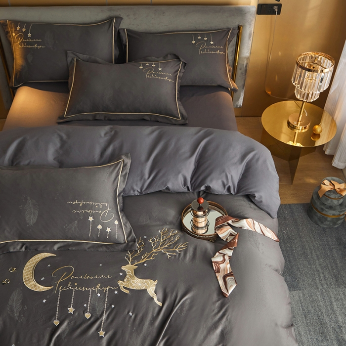 91家纺网 家纺一手货源 找家纺 凡客 2022新款磨毛提花重工刺绣小鹿四件套 小鹿森林-灰