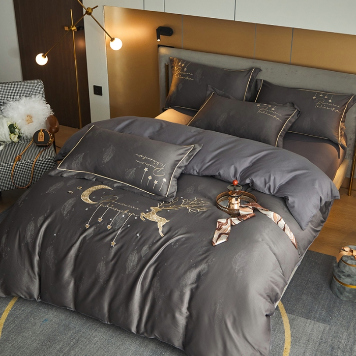 91家纺网 家纺一手货源 找家纺 凡客 2022新款磨毛提花重工刺绣小鹿四件套 小鹿森林-灰