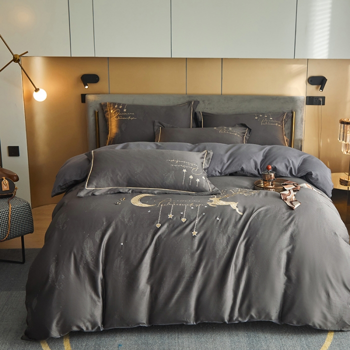 91家纺网 家纺一手货源 找家纺 凡客 2022新款磨毛提花重工刺绣小鹿四件套 小鹿森林-灰