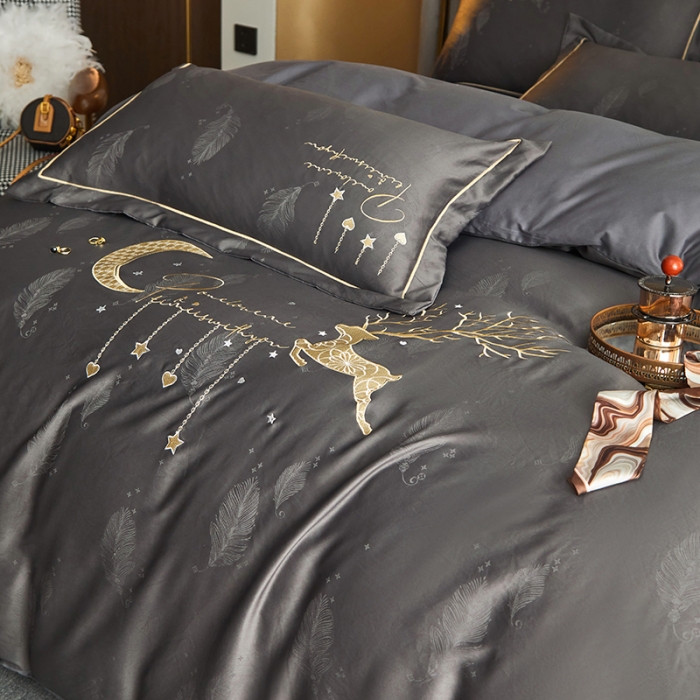 91家纺网 家纺一手货源 找家纺 凡客 2022新款磨毛提花重工刺绣小鹿四件套 小鹿森林-灰