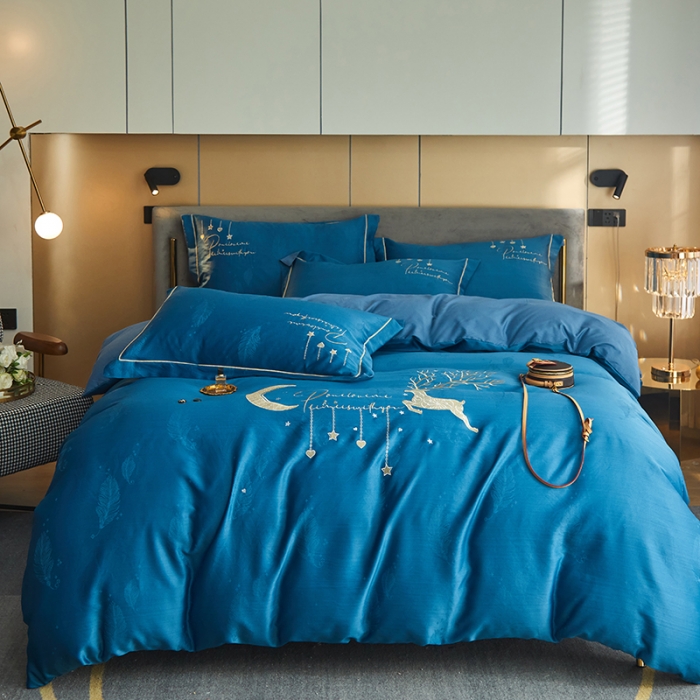 91家纺网 家纺一手货源 找家纺 凡客 2022新款磨毛提花重工刺绣小鹿四件套 小鹿森林-蓝