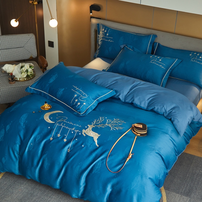 91家纺网 家纺一手货源 找家纺 凡客 2022新款磨毛提花重工刺绣小鹿四件套 小鹿森林-蓝