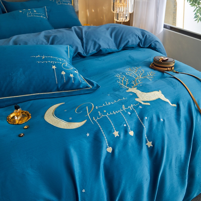 91家纺网 家纺一手货源 找家纺 凡客 2022新款磨毛提花重工刺绣小鹿四件套 小鹿森林-蓝