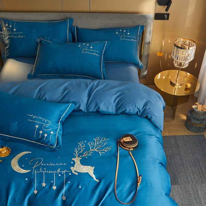 91家纺网 家纺一手货源 找家纺 凡客 2022新款磨毛提花重工刺绣小鹿四件套 小鹿森林-蓝