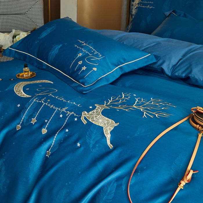 91家纺网 家纺一手货源 找家纺 凡客 2022新款磨毛提花重工刺绣小鹿四件套 小鹿森林-蓝