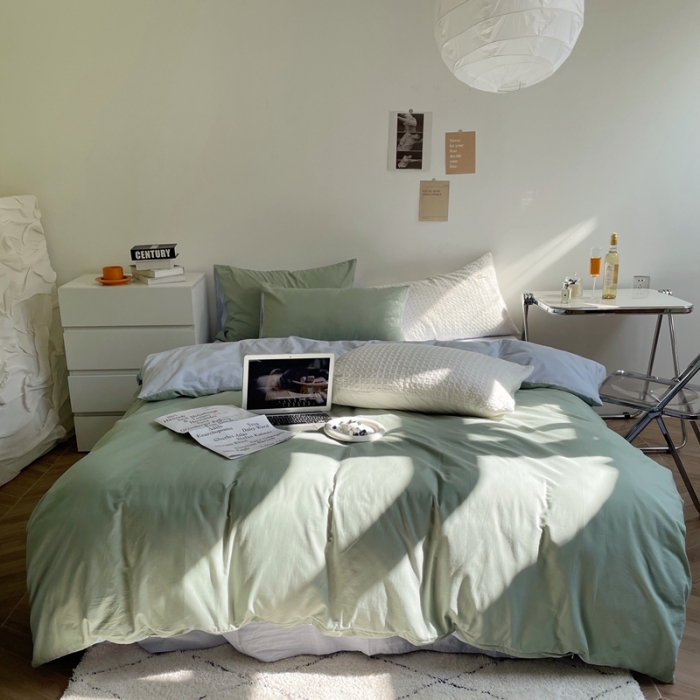 91家纺网 家纺一手货源 找家纺 窝米 2022春季新品素色双拼水洗棉系列四件套 艾青双拼