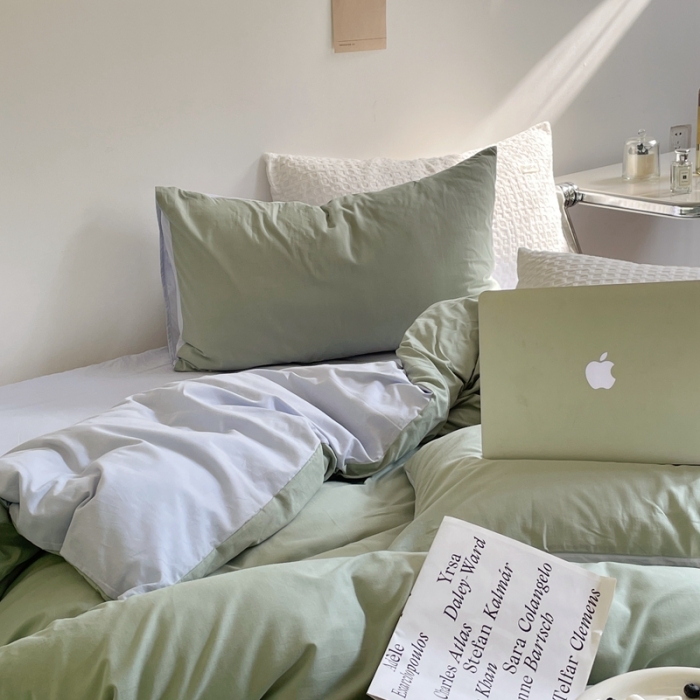 91家纺网 家纺一手货源 找家纺 窝米 2022春季新品素色双拼水洗棉系列四件套 艾青双拼