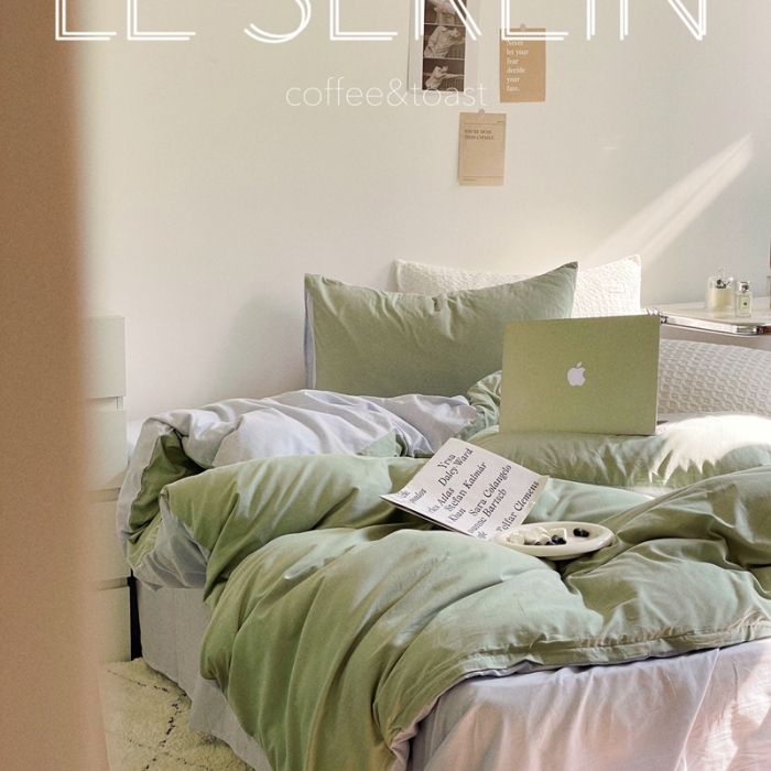 91家纺网 家纺一手货源 找家纺 窝米 2022春季新品素色双拼水洗棉系列四件套 艾青双拼