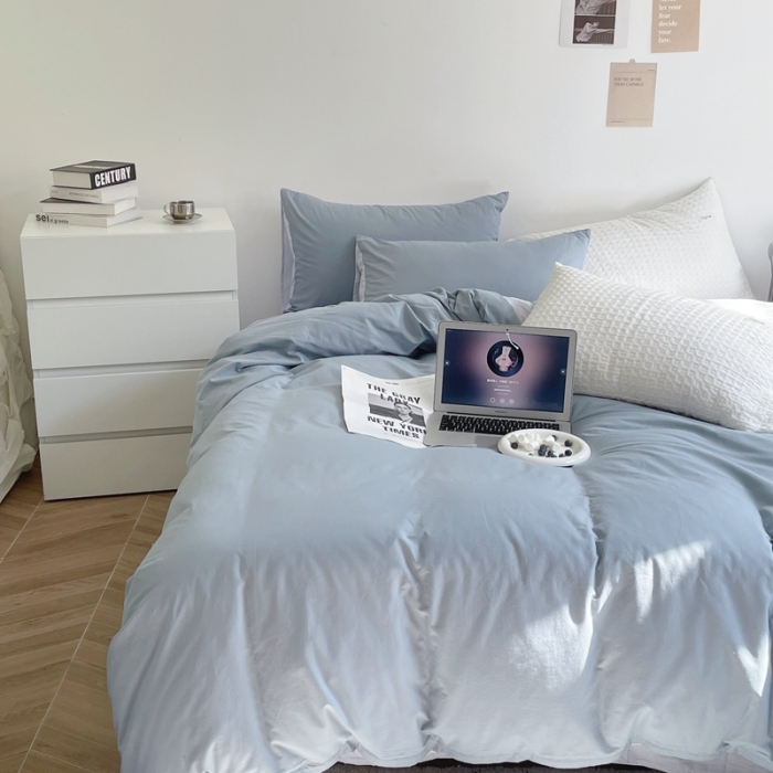 91家纺网 家纺一手货源 找家纺 窝米 2022春季新品素色双拼水洗棉系列四件套 雾霾蓝双拼