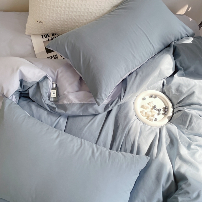 91家纺网 家纺一手货源 找家纺 窝米 2022春季新品素色双拼水洗棉系列四件套 雾霾蓝双拼