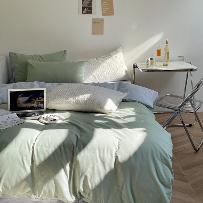 91家纺网 家纺一手货源 找家纺 窝米 2022春季新品素色双拼水洗棉系列四件套艾青双拼