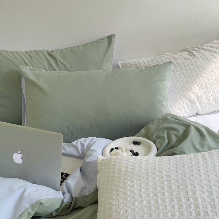 91家纺网 家纺一手货源 找家纺 窝米 2022春季新品素色双拼水洗棉系列四件套艾青双拼