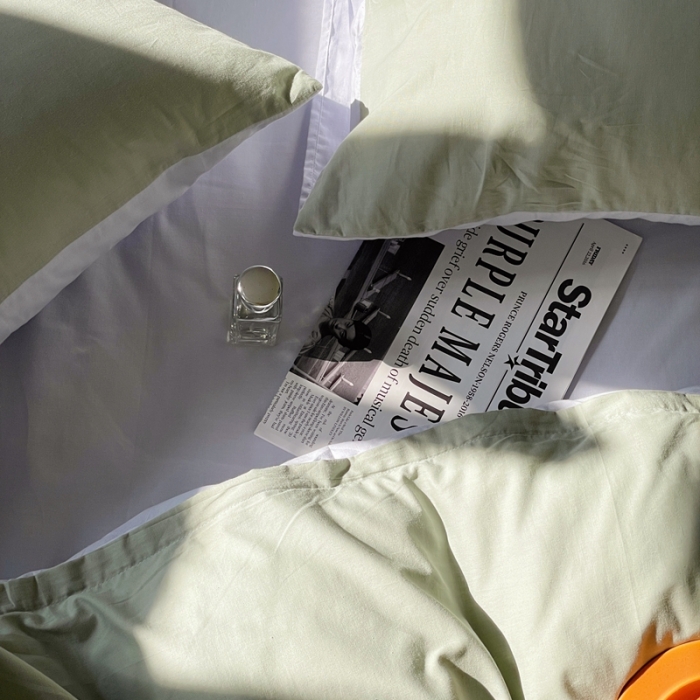 91家纺网 家纺一手货源 找家纺 窝米 2022春季新品素色双拼水洗棉系列四件套艾青双拼