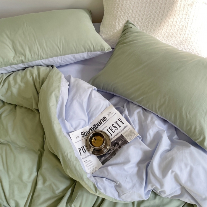 91家纺网 家纺一手货源 找家纺 窝米 2022春季新品素色双拼水洗棉系列四件套艾青双拼