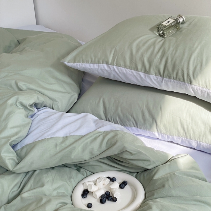 91家纺网 家纺一手货源 找家纺 窝米 2022春季新品素色双拼水洗棉系列四件套艾青双拼