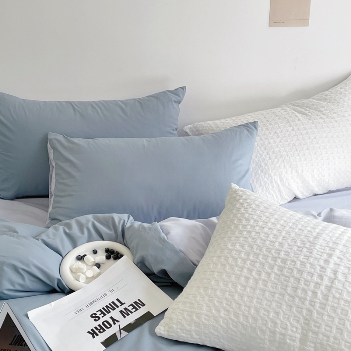 91家纺网 家纺一手货源 找家纺 窝米 2022春季新品素色双拼水洗棉系列四件套 雾霾蓝双拼