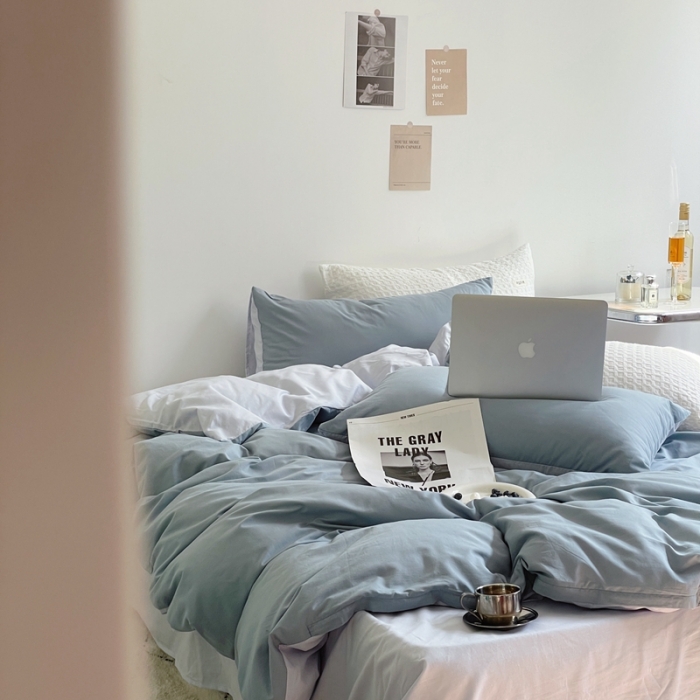 91家纺网 家纺一手货源 找家纺 窝米 2022春季新品素色双拼水洗棉系列四件套 雾霾蓝双拼