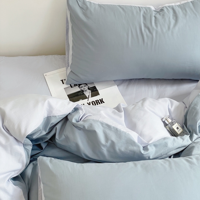 91家纺网 家纺一手货源 找家纺 窝米 2022春季新品素色双拼水洗棉系列四件套 雾霾蓝双拼