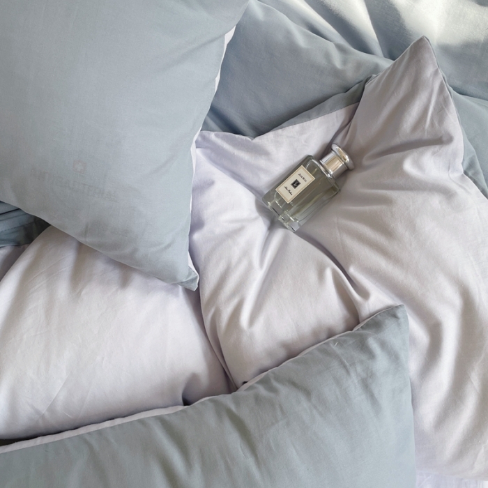 91家纺网 家纺一手货源 找家纺 窝米 2022春季新品素色双拼水洗棉系列四件套 雾霾蓝双拼