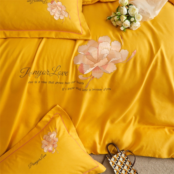 91家纺网 家纺一手货源 找家纺 凡客 2022新款有氧棉重工刺绣花开富贵系列四件套 花开富贵-黄