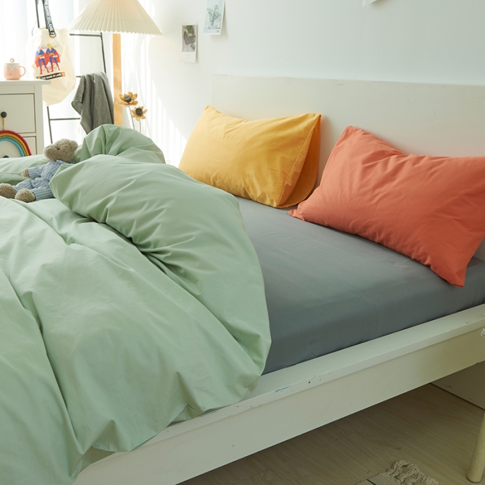 91家纺网 家纺一手货源 找家纺 潮邦 2025春夏纯色混拼全棉四件套 牛油果绿